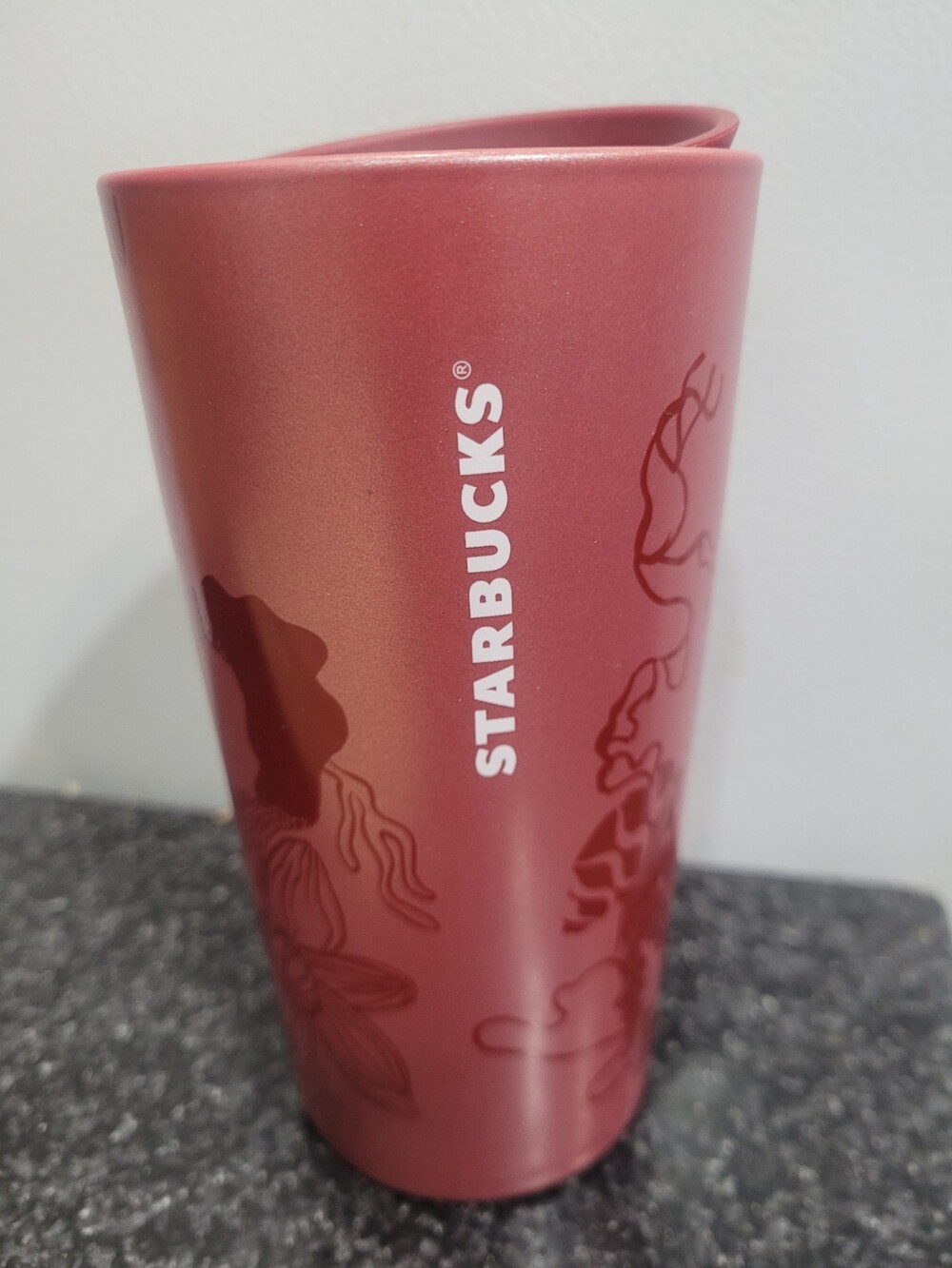 Starbucks 2023 Red Shimmer Jellyfish & Parasols Ceramic Travel Tumbler 12 oz